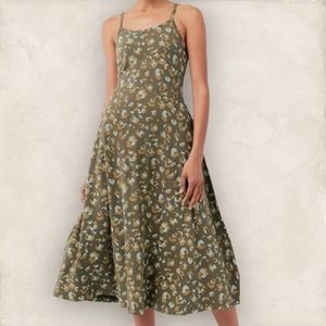 PACT Medium green organic built in bra strappy flare dress with animal print